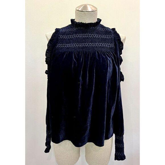 Joie Aneisha Velvet Cold-Shoulder Smocked Top in Midnight Sky Size XS - Picture 4 of 9